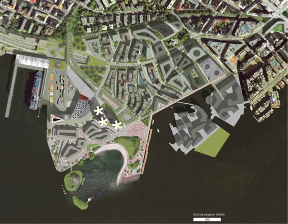 Space Groups alternativstudie for Filipstad fra 2006 viser også et gjennomgående grøntdrag. Illustrasjon: Arkitekten Space Groups alternativstudie for Filipstad fra 2006 viser også et gjennomgående grøntdrag. Illustrasjon: Arkitekten