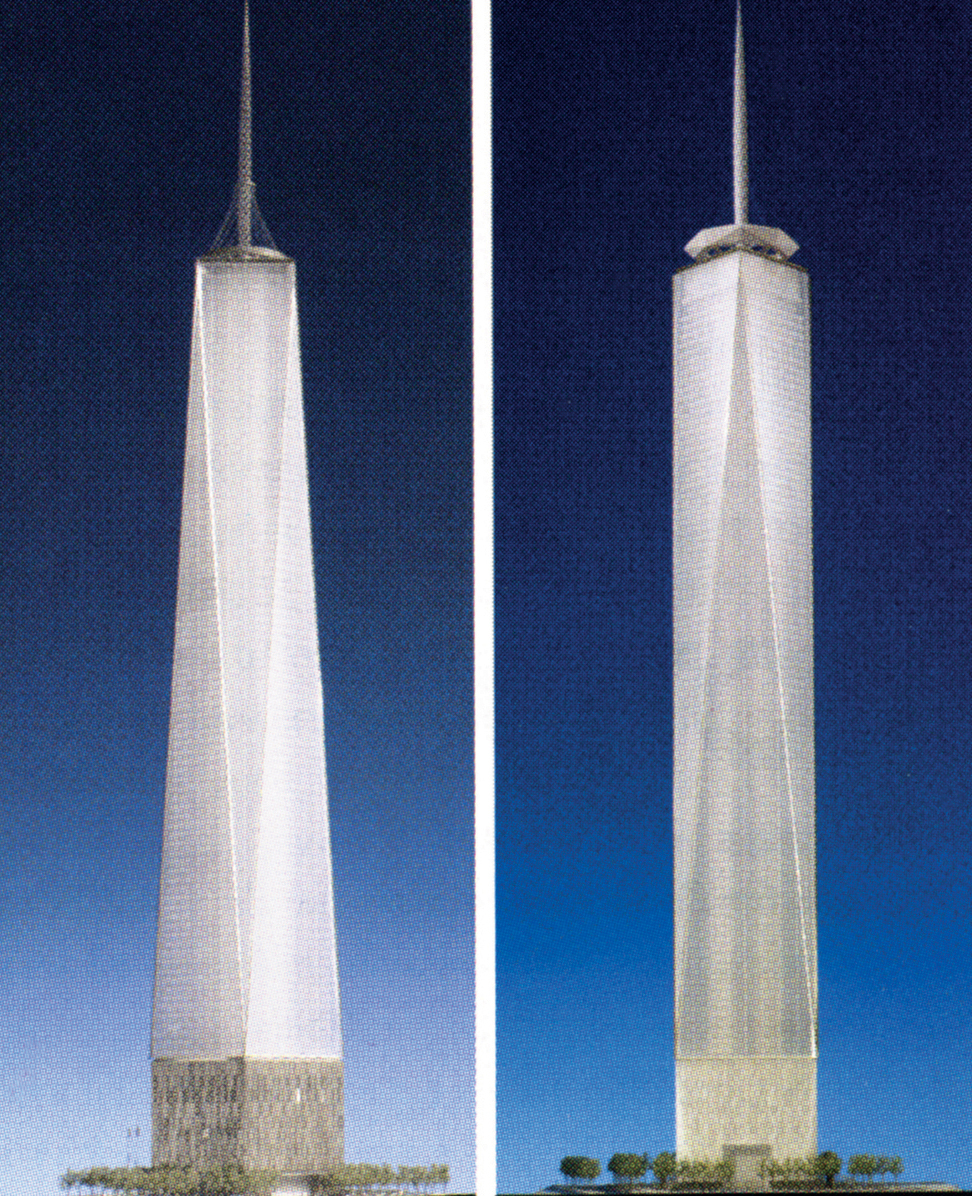 Freedom Tower ble tegnet om for å imøtekomme terrorfrykt, ny versjon til høyre. Arkitekt: SOM.