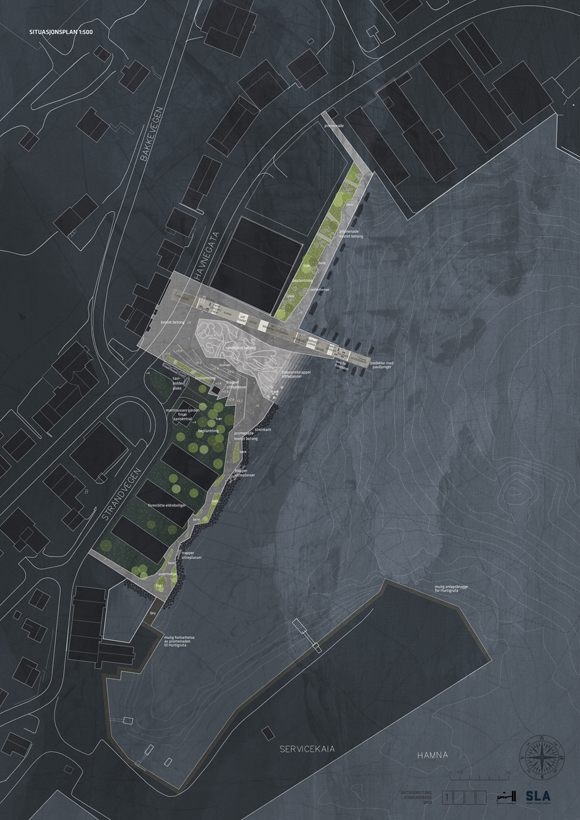 Situasjonsplan av Pir II og SLAs vinnerprosjekt for Båtsfjord torg og kaipromenade. Illustrasjon: Arkitekten