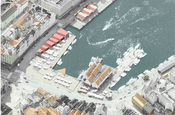 Fugleperspektiv Fisketorget. Ill.: Eder Biesel Arkitekter AS
