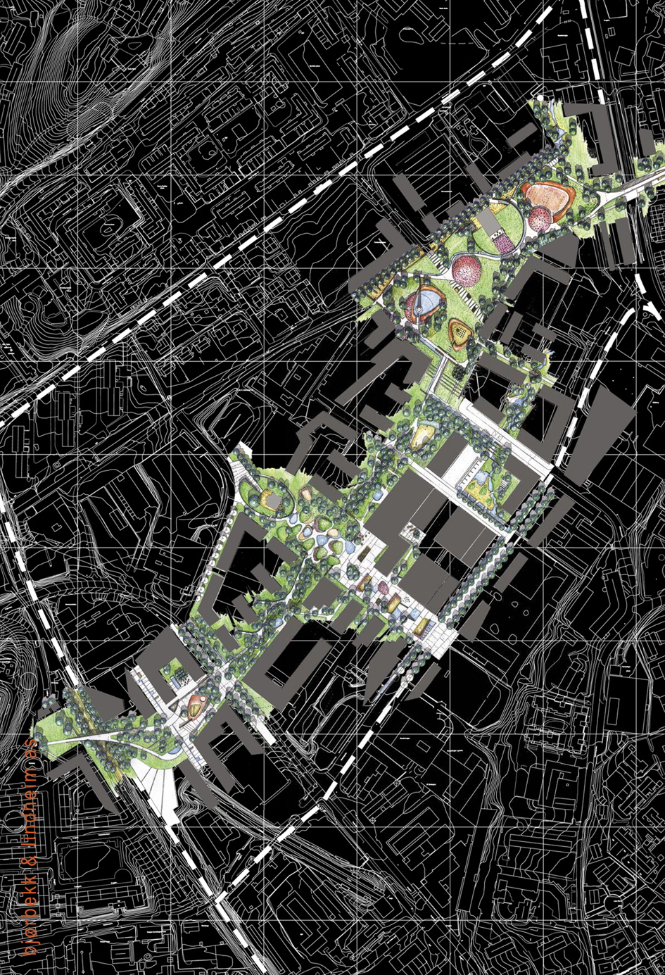Bjørbekk & Lindheims plan illustrerer, i tråd med kommunens føringer, vektleggingen av å integrere offentlige landskapsrom med «egnethet for et stort spenn av aktivitet, utfoldelse og rekreasjon» i den planlagte bebyggelsen. Ill.: Bjørbekk & Lindheim AS Landskapsarkitekter MNLA.