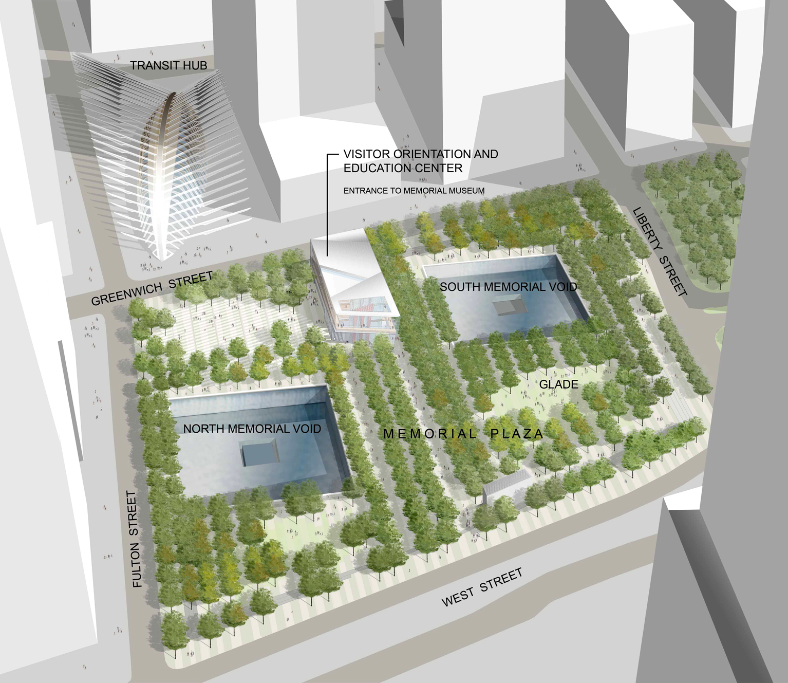 Besøkssenteret ligger mellom tvillingtårnenes «fotavtrykk». Illustrasjon: Snøhetta.