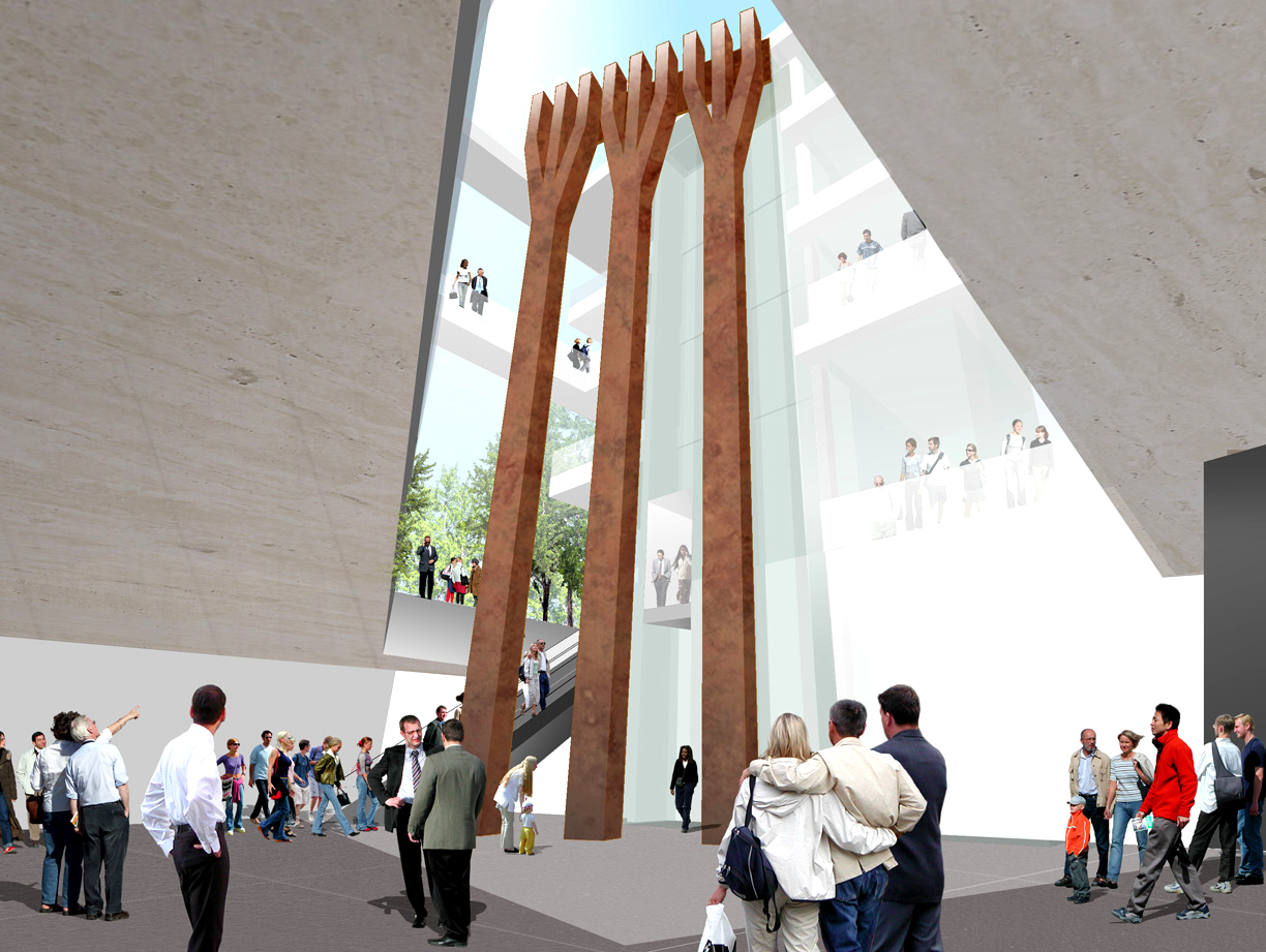 Skulpturen i hallen er de såkalte «Tridents», som var en del av fasaden på tvillingtårnene. Oppdragsgiver ba Snøhetta om å inkorporere deler av «the recovered steel» fra bygningene. Illustrasjonene fra prosjektet er en del av «Feasibility study» som Snøhetta hadde i sommer før «Schematic design» begynte i slutten av juli, og bør betraktes som forstudie.