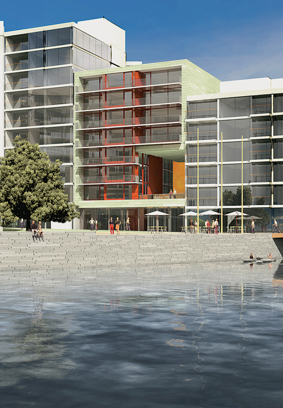 HRTB har tegnet boligfasader med store glasspartier og langsgående balkonger, og legger stor vekt på materialbrukens relasjon til de maritime lysrefleksene. Ill.: HRTB AS/KnutRamstad, Selvaag BlueThink.