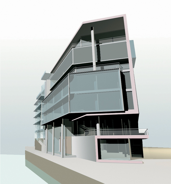 Kristin Jarmund Arkitekters næringsbygg ligger som en portal ved overgangen mellom Aker Brygge og Tjuvholmen. Ill.: Kristin Jarmund Arkitekter.