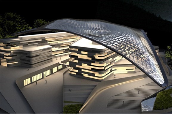 Slik så Snøhettas forslag til ny kunsthøgskole ut med takoverdekningen. Illustrasjon: Snøhetta/MIR