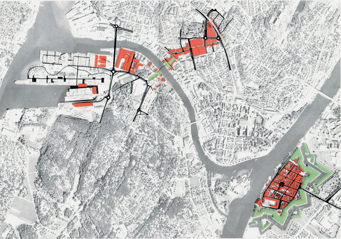 - Elva er et eget byrom, mener Tjærnås og er opptatt av hvordan en kan binde sammen hovedområdene Gamlebyen/Kongsten (høyre), Værste (venstre) og Grønli (sentrum). Illustrasjon: Griff kommunikasjon AS.