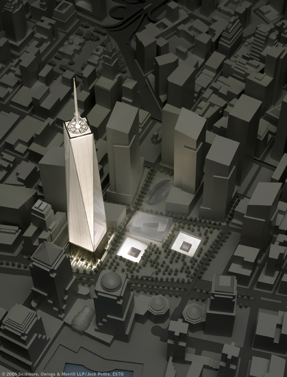 Ground Zero fra luften. Freedom Tower ligger i områdets nordvestre hjørne, de lysende kvadratene er det sentrale minnestedet, tvillingtårnenes fotavtrykk. Ill.: 2005 Skidmore, Owings & Merrill, LLP/dbox.