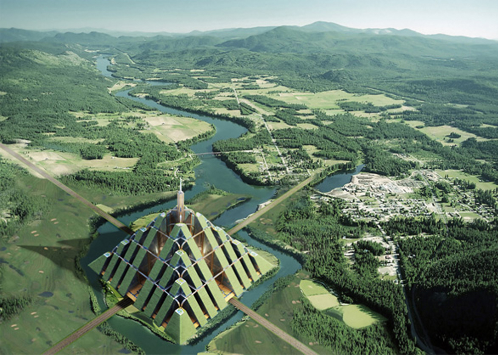 Den pyramideformede fremtidsbyen Ziggurat kan bli en realitet dersom selskapet Timelinks får det som de ønsker. Ziggurat er fra gammelt av navnet på de karakteristiske antikke pyramidene i Persia og Mesopotamia. Illustrasjon: Timelinks.