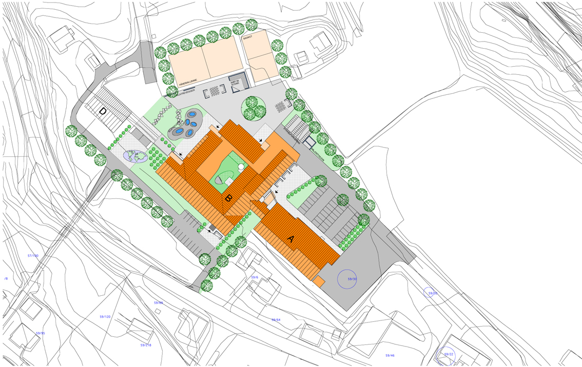 Situasjonsplan. Gymnastikkhall og svømmehall i fløy til høyre forblir uforandret. (Illustrasjon: Arkitekten.)