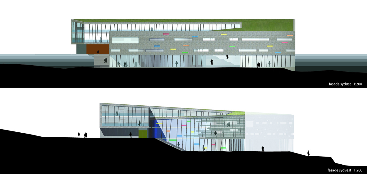 Fra toppen: Fasade mot sør, deretter snitt nord-sør, sett mot øst. Fra toppen: Fasade mot sør, deretter snitt nord-sør, sett mot øst.