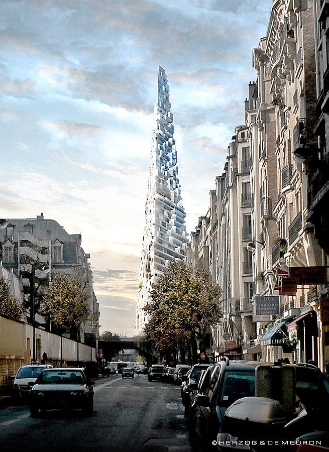 Pyramiden vil bli det første høyhuset i Paris på 30 år. Det skal etter planen bli 180 meter høyt og bestå av 50 etasjer. Illustrasjon: Herzog and de Meuron
