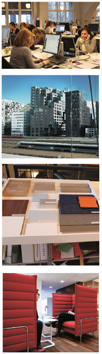 Øverst kontorlandskapet i Zinc. Nest øverst arbeidsmodell av DnB Nors nye hovedkontor, som skal inn i Barcoderekken i Bjørvika. I midten prøver fra Zincs tekstilrom, og nederst sittegruppe fra Zincs prosjekt for TrygVesta i Norge og Danmark. 