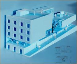 Modellperspektivet viser hvordan kortfasaden ligger langs Strandveien. Ill.: Point Supreme Architects og Alex Gerousis