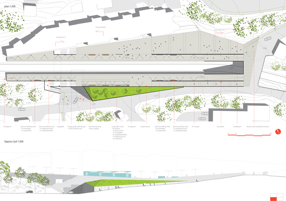 Plan/snitt over anlegget. Illustrasjon: Arkitekten