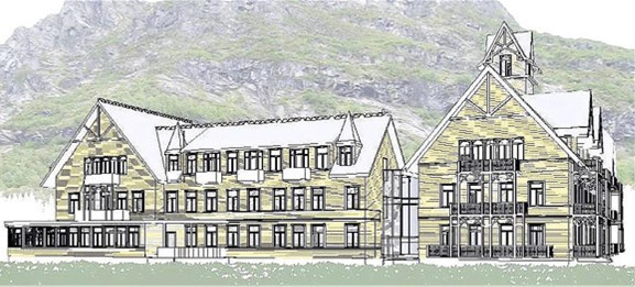 Slik ønsker eierne av Union Hotell å bygge ut hotellet. Dagens bygning til venstre, den nye fløyen til høyre - adskilt av en glasskorriodor. Tårnet blir redusert eller tatt bort. Illustrasjon: RiK ARKITEKTUR