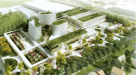 Nye Gulskogen Park: Bygningen øverst til høyre Ulobas planlagte nybygg. Bygningene i forkant er et eksempel på hvordan tomta kan videreutvikles. Illustrasjon: Line Solgaard arkitekter AS