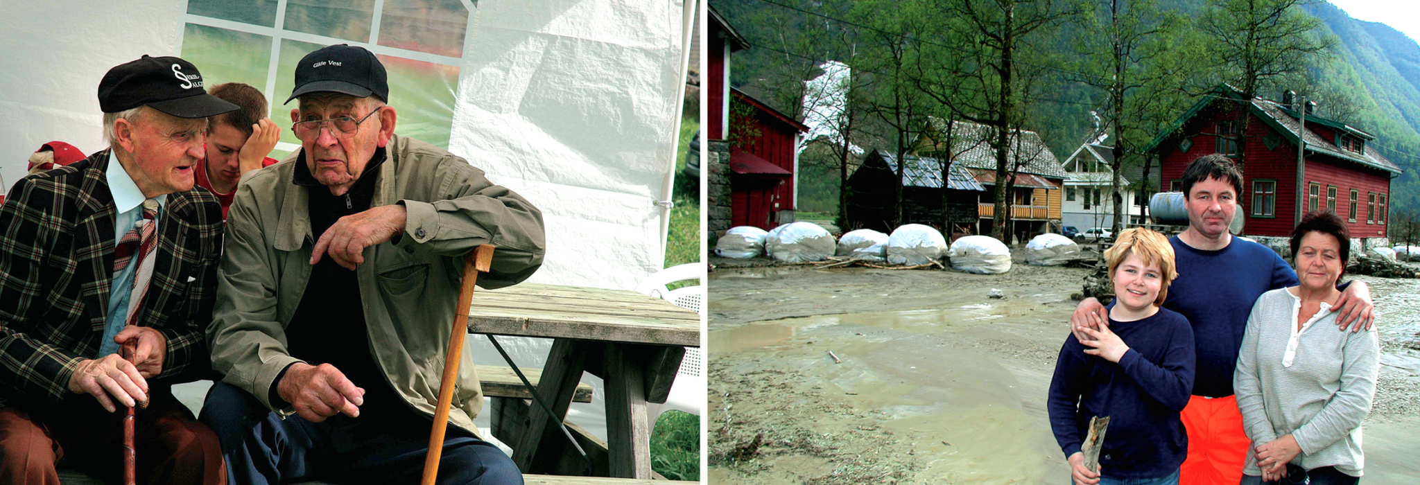 Bilde til venstre:  Dei finn på mykje rart. Sverre Horpedal og Ivar Haugen er pensjonerte bønder som diskuterer rundballekunsten.Bilde til høyre: Audmjuke bønder. Rundballane berga husa til Eirik og Gunn Øygard då ei morene rasa ut under breen og store gjørmemassar velta over garden i mai 2004. Her med dottera Trude.