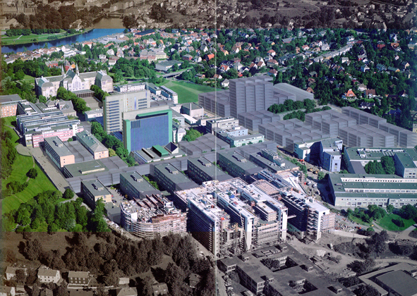 Studie av Gløshaugen fortettet med universitetet på Dragvoll, hentet fra kurskatalog ved arkitekturfakultetet, ledet over to semestre av førsteamanuensis Ole Jørgen Bryn.