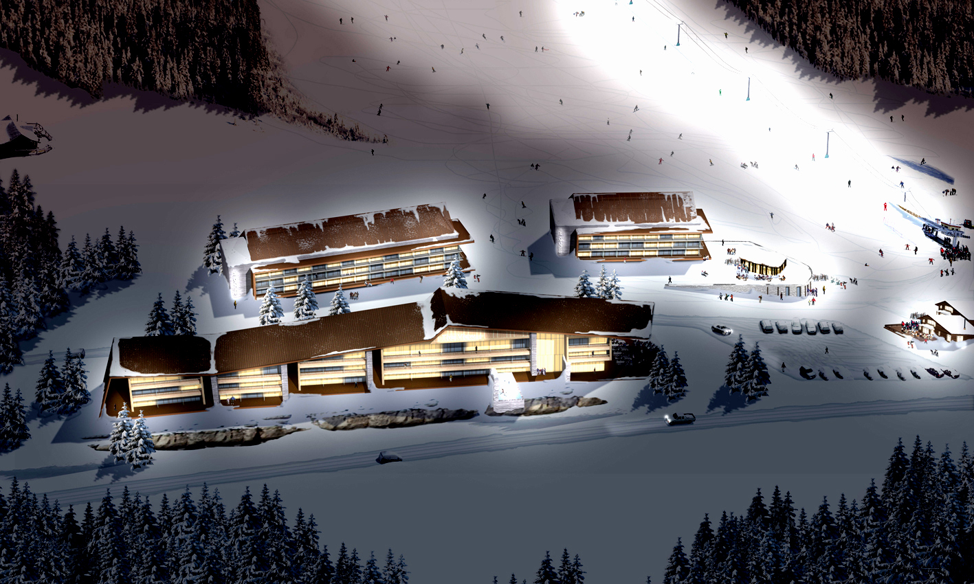 Et stadig vanligere alternativ til hytta på fjellet er leilighetshotellene, her fra Kvitfjell Vest. Hotellene bak i perspektivet er tegnet av div.A/Studio H, mens det foran er tegnet er Narud Stokke Wiig arkitekter og planleggere. Ill.: Narud Stokke Wiig arkitekter og planleggere AS.