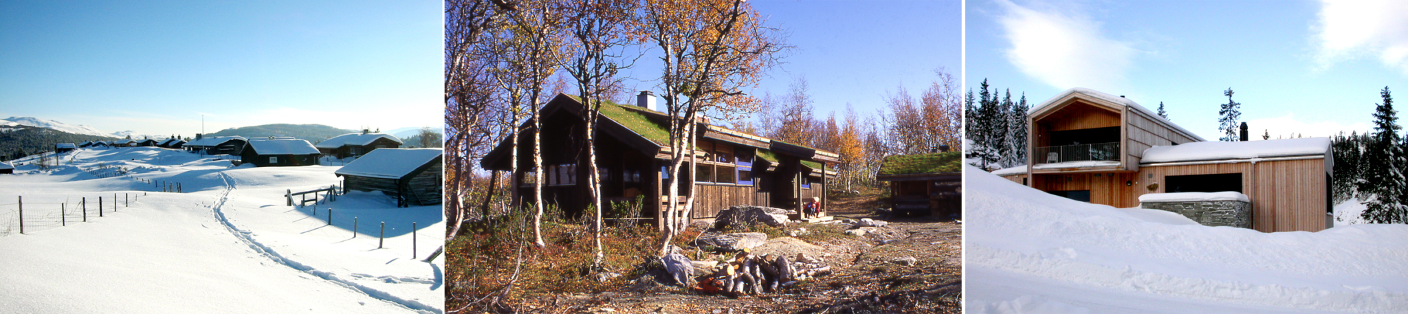 Haugsetra, Kvamsfjellet, Nord-Fron (fra venstre): Skaara Arkitekter AS har integrert en ny hytte i en eksisterende setergrend, et eksempel på nytolkning av og tilpasning til gammel byggeskikk. Foto: Kim Skaara. Heddahytta (ark. Jon Haug) er en typehytte som for mange er blitt et ideal. Foto: Jon Haug. Tomannshytter på Kvitfjell: Rom for nye boformer også på fjellet, div.A er arkitekter. Foto: div.A arkitekter AS.