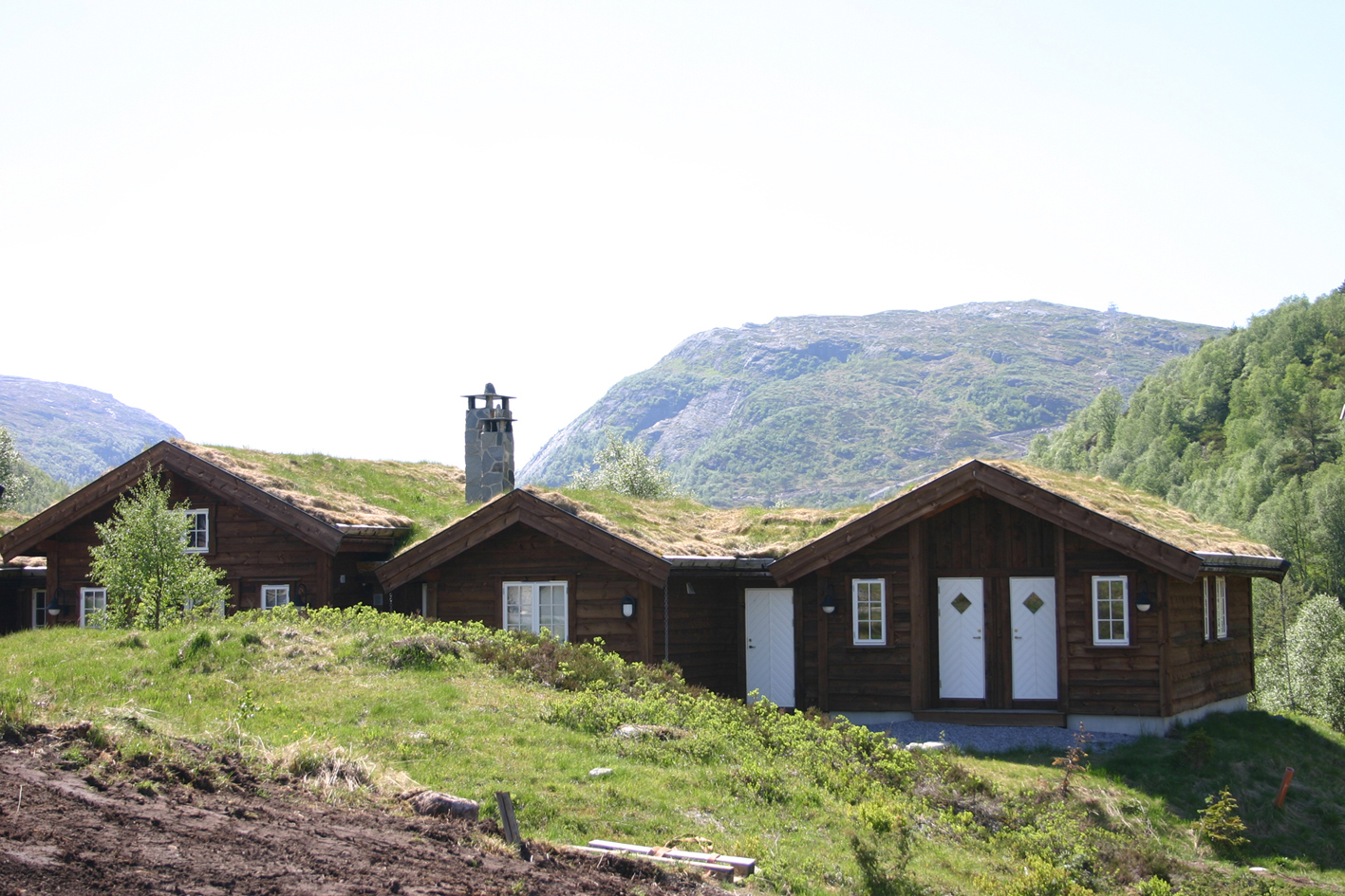 Ny bebyggelse i fjellet bør underordne seg landskapet. Disse hyttene i Kvendhusbakken i Sirdal kommune har god terrengtilpasning, naturtilpasset fargebruk og er bygd med stedegne materialer. Foto: Grønn strek land­skapsarkitekter.