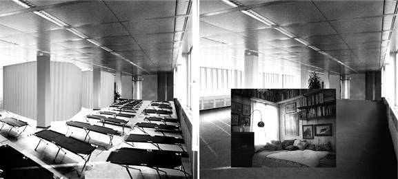 I det tyske vinnerforslaget flytter asylsøkerne inn i sovesaler, som i neste fase oppgraderes til private enheter. Til slutt er akuttmottaket transformert til boliger med felles takhage.