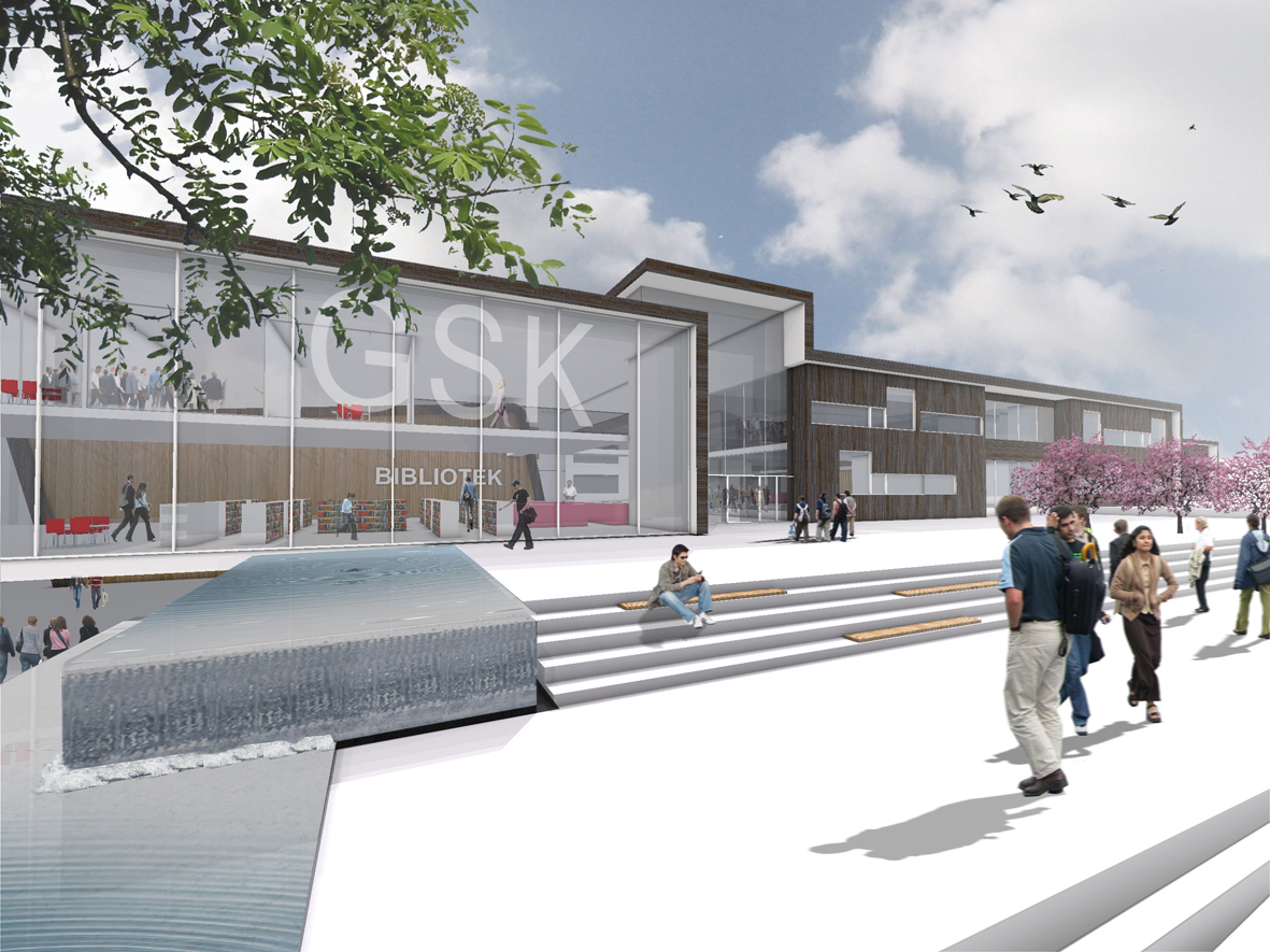 Perspektiv, inngang og hovedadkomst. Ill.: Erik Andreassen, sivilarkitekt MNAL, Hansen og Bjørndal arkitekter AS.