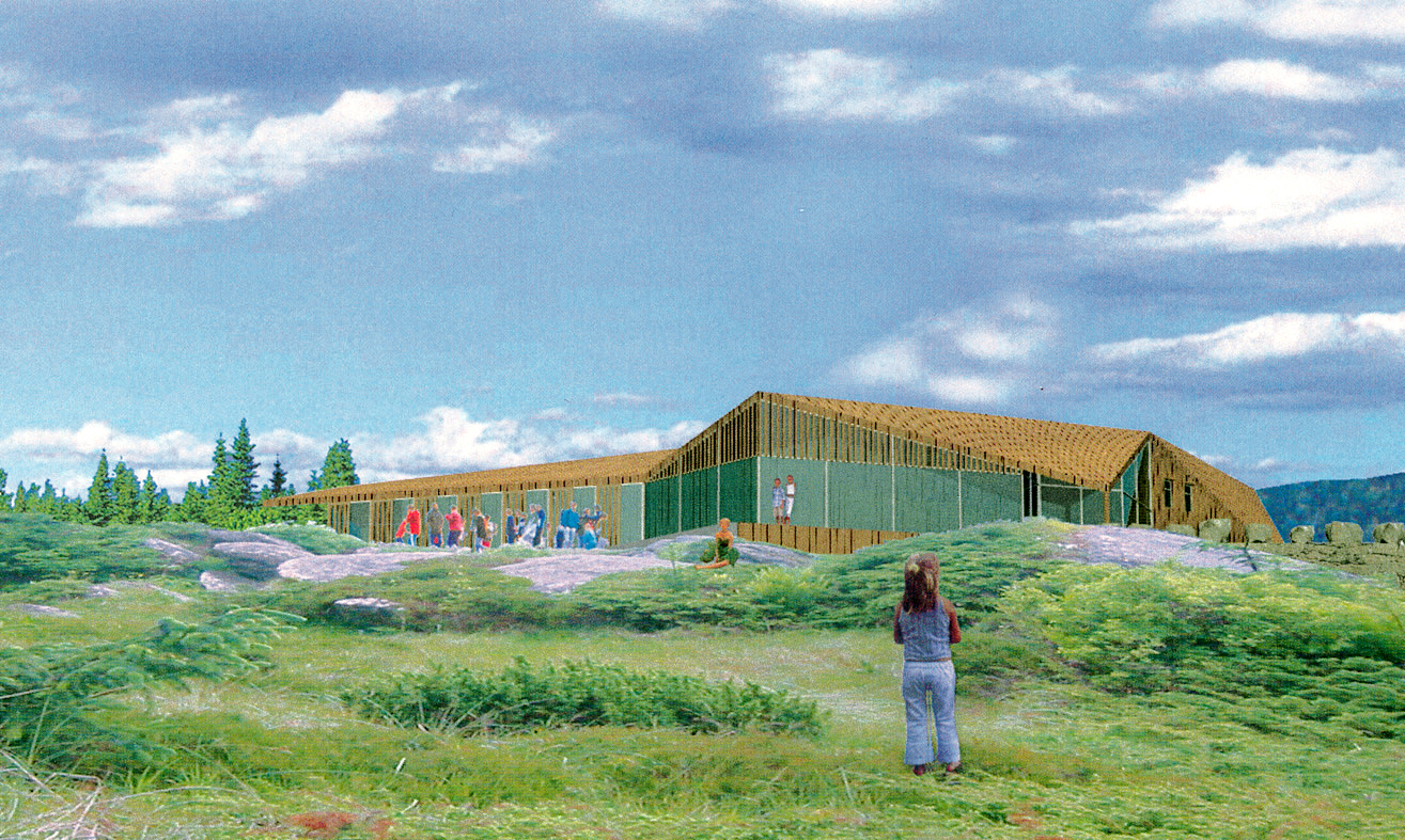 Preikestolhytta, tegnet av Helen & Hard AS, står på Norwegian Woods prosjektliste. Hytta får tretak utvendig og jordstampede golv. Ill.: Arkitekten.