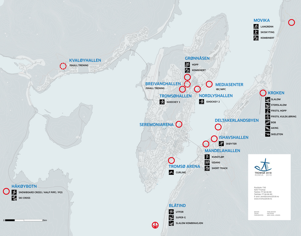 Slik presenterer Tromsø 2018 beliggenheten for alle arenaene. Ill. og foto: Tromsø 2018 AS