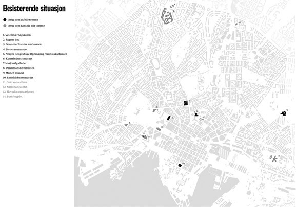 Kart over planlagte omrokeringar i byen. Kartet oppdateres fortløpande. Illustrasjon: Superunion architects Kart over planlagte omrokeringar i byen. Kartet oppdateres fortløpande. Illustrasjon: Superunion architects