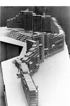 «bo-x» Eksteriørperspektiv fra konkurranse­utkastet til studentboliger på Steinan i 1966. Andrepremie. Foto Nasjonalmuseet