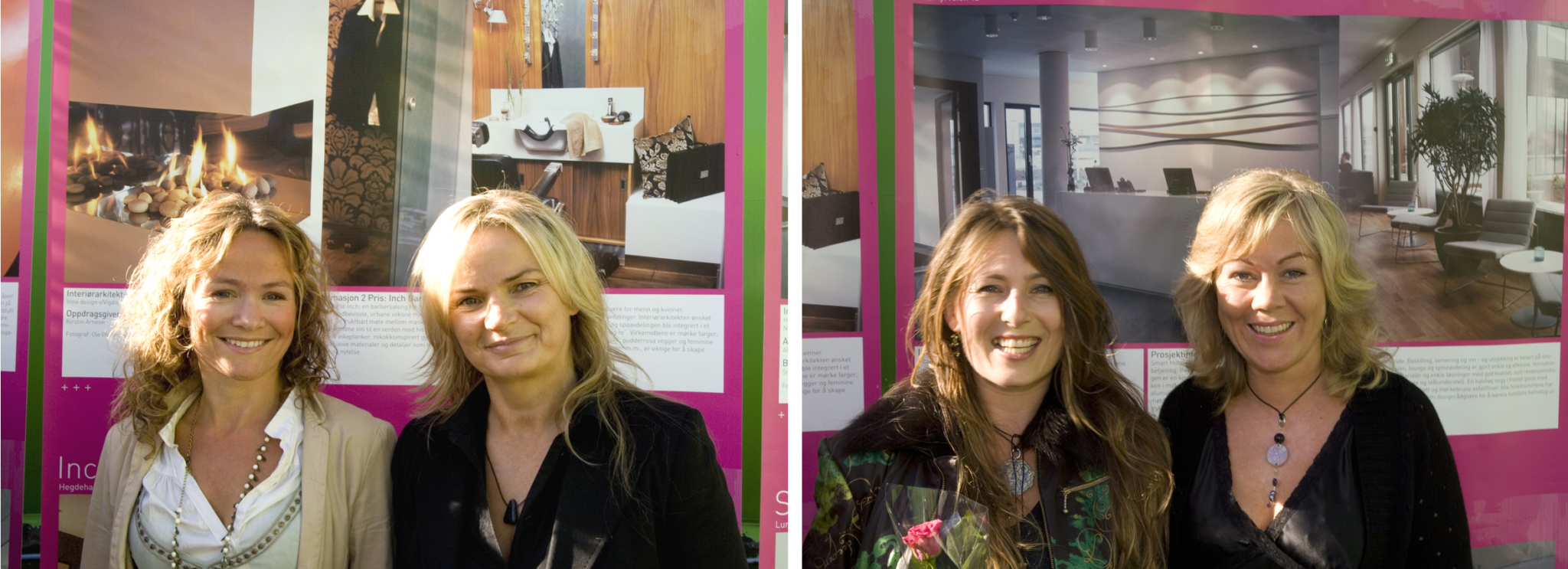 Venstre: Annenpremie gikk til Vigdis Apeland Bergh, MNIL (t.v.), her sammen med oppdragsgiver Kirstin Arnesen. Høyere: Tredjepremievinnerne Helene Holm og Nina Hæg, begge MNIL. Foto: Espen Grønli.