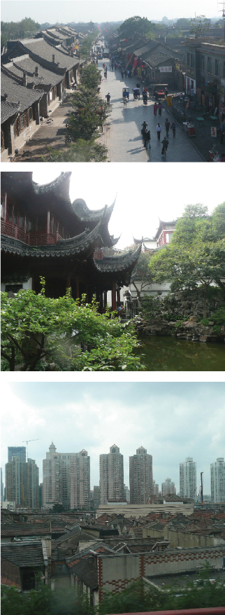 Øverst: Handlegaten i Pingyao oppleves som en åpning i byens tette bebyggelse når man ser den ovenfra som her. I midten: I Yuyuan-hagene opplever vi klassisk sørkinesisk hagearkitektur fra Ming- og Qing-dynastiene. Nederst: Kontrasten mellom høyhus og hutongområder  er brå og tydelig i Shanghai. 