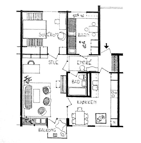 Møbleringsplan for typisk leilighet, Solveig Lønne Christiansen. Foto: Ukjent