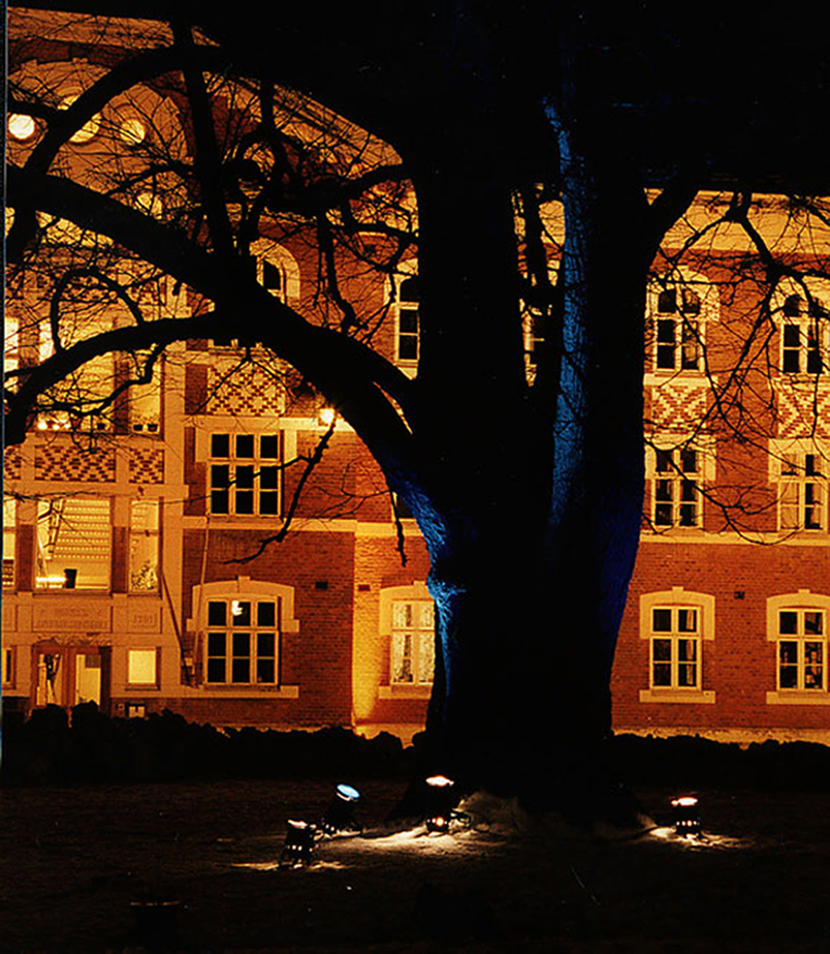 Alternativ I  Universitetet for Miljø- og Biovitenskap (UMB), Ås: Rundt tuntreet på UMB har landskapsarkitektstudenter jobbet med lyssetting og fargeeksperimentering. Arbeider som dette ledes av kunstnere ansatt ved Institutt for landskapsplanlegging. Foto: Irene Rasmussen.