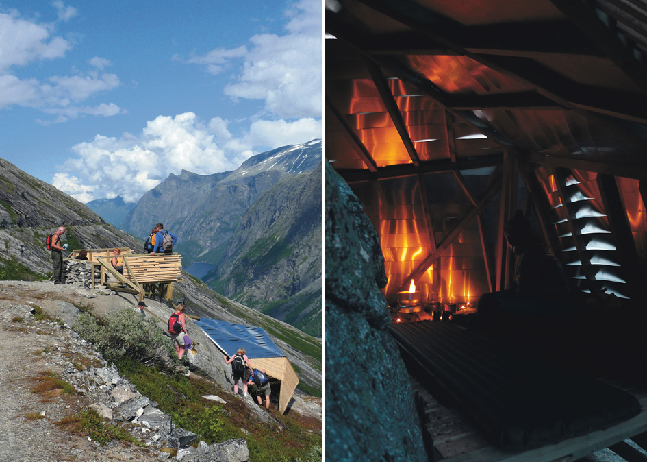 Prosjektet ligger flott til i fjellsida til Litldalen. På bilde til høyre sees det spesielle interiøret som skapes av aluminiumsbåndene Foto: Studentene Prosjektet ligger flott til i fjellsida til Litldalen. På bilde til høyre sees det spesielle interiøret som skapes av aluminiumsbåndene Foto: Studentene