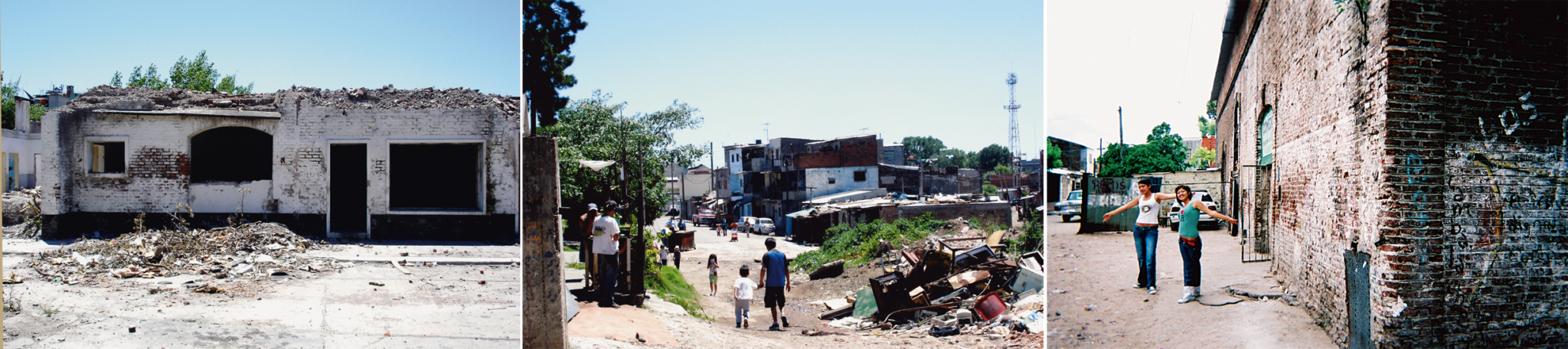 Bilde til venstre: Forfall preger bydelen. Bilde i midten: Dagliglivet går sin gang. Bilde til høyre: Carla og Romina poserer villig for fotografen.