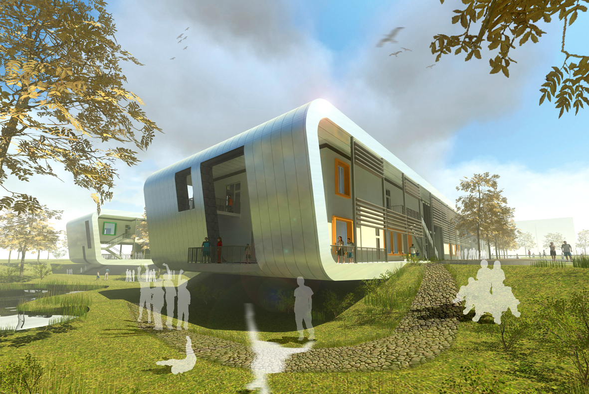 Nye Østsiden barneskole i Fredrikstad er dimensjonert for 350 elever. plus arkitektur as vant priskonkurransen i 2009. Illustrasjon: Arkitekten