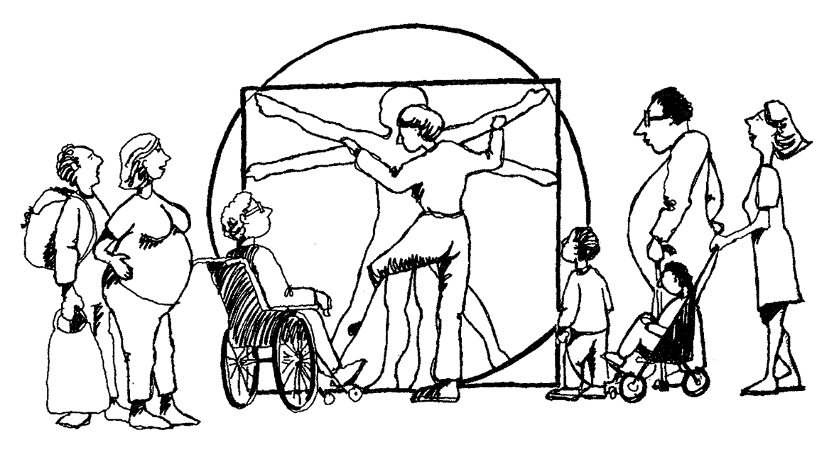 Vignett for arbeidet med universell utforming. Fra «Regjeringens handlingsplan for økt tilgjengelighet for personer med nedsatt funksjonsevne». Vignett for arbeidet med universell utforming. Fra «Regjeringens handlingsplan for økt tilgjengelighet for personer med nedsatt funksjonsevne».