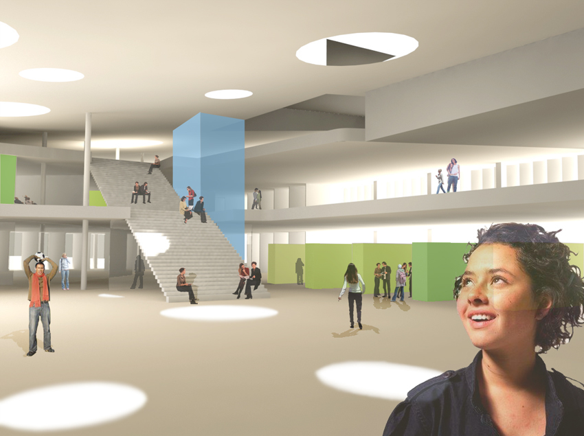 Skolens sentralrom innbyr til fellesskap og gode møteplasser. Ill.: Arkitekten.