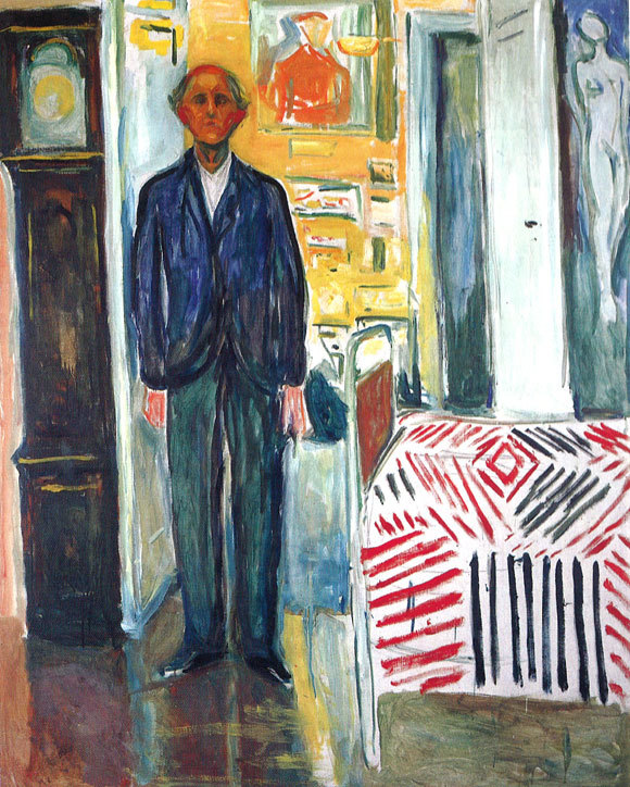 Selvportrett av Edvard Munch. Maleren ved sengekanten. Bilde: hentet fra Munchmuseets bok 