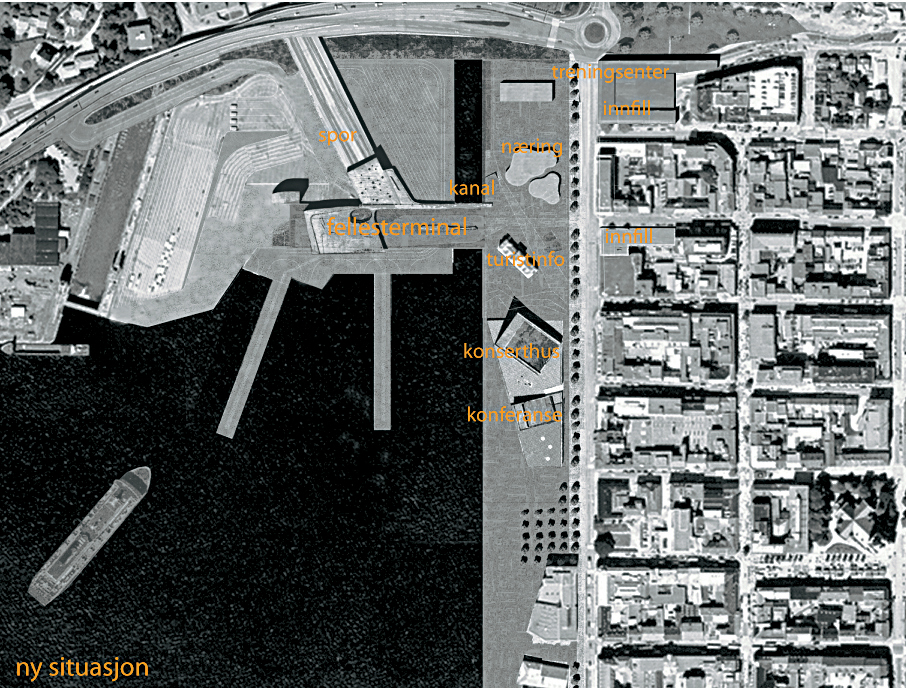 Siri Strømme Johansen og Tomas Løvset: «Forføring i fjæra»  fellesterminal i Kristiansand. Illustrasjon: Arkitekten.