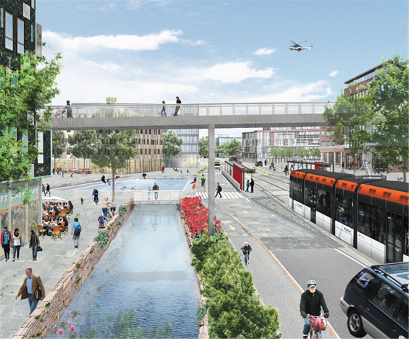 Med betydelig offentlig og privat investeringsvilje knyttet til holdeplassene, har bybanen vist seg som en effektiv generator for urbane sentrumsdannelser. 
Både innenfor den ekisterende bykjernen og utenfor. Illustrasjon: Bergen kommune