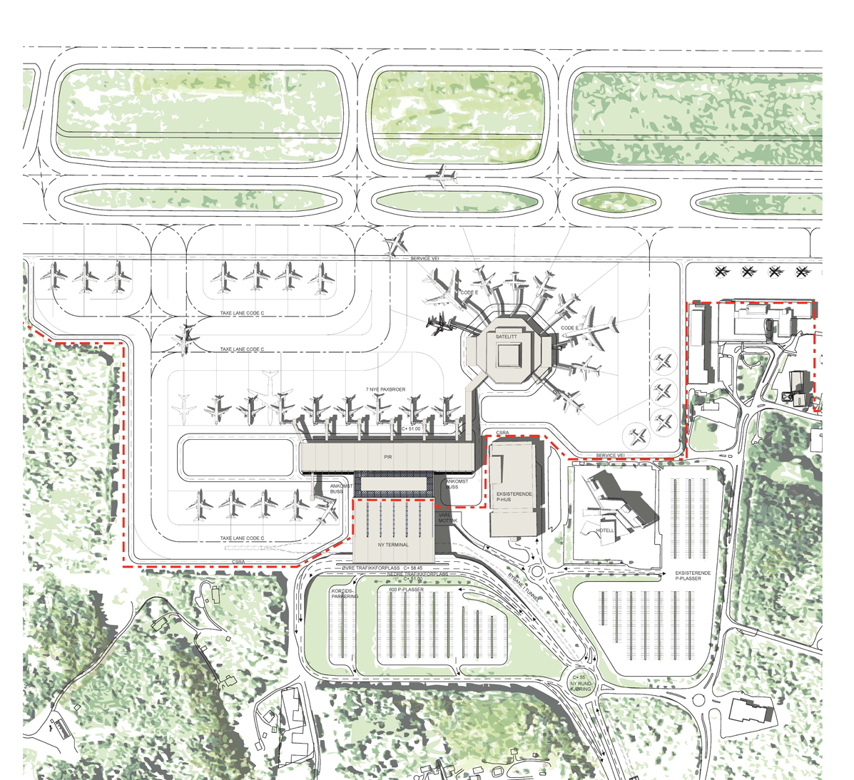 Framlegg til masterplan for utvidinga av Bergen lufthavn frå Narud Stokke Wiig AS. Det nye terminalbygget med den tilknytta piren dominerer, medan den gamle terminalen ligg som ein satellitt, som utlandspir.