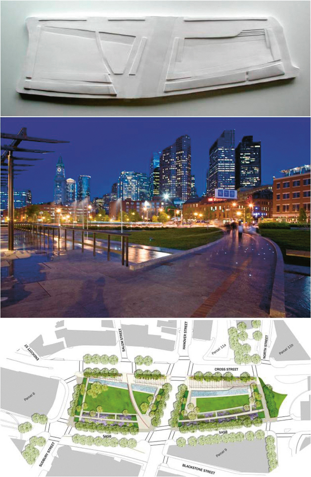 Kathryn Gustafson former sine landskap i leire. Fra byromsprosjekt i Boston. Foto/illustrasjon: Kathryn Gustafson Kathryn Gustafson former sine landskap i leire. Fra byromsprosjekt i Boston. Foto/illustrasjon: Kathryn Gustafson