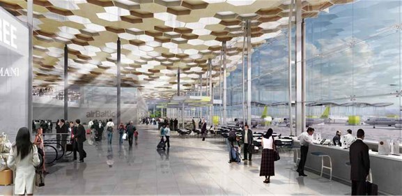 Interiørperspektiv av terminalen. Illustrasjon: Arkitektene Interiørperspektiv av terminalen. Illustrasjon: Arkitektene