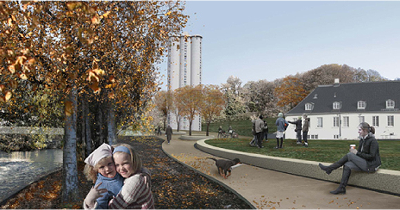 Prosjektets hovedgrep med åpen grønn slette, kant med romslig område mot elva, etablering av en øst-vest-forbindelse og en åpen urban plass midt i området. Illustrasjon: Arkitekten
