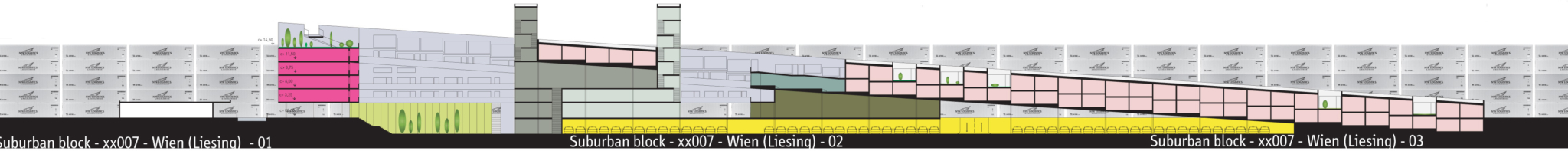 Suburban Block, nattperspektiv (øverst) og snitt. Ill.: Arkitektene