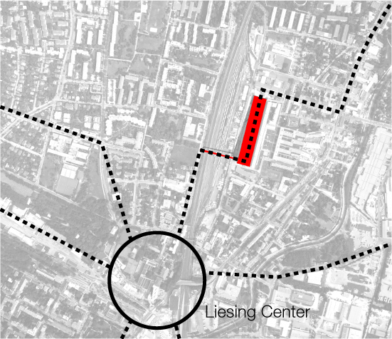 Situasjonsplan. Prosjektet markert med rødt, trafikkårer er stiplet.